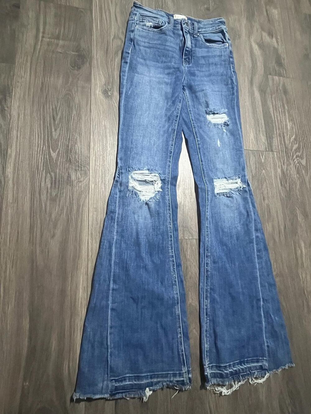 Altar'd State Denim Jeans Womens 26 Flared Distressed Fringe Mid Rise Stretch